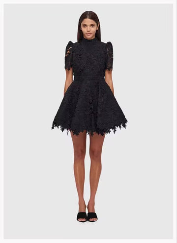 Fluffy Miniskirt 2024 Early Spring Collar Short Sleeve With Belt Water-Soluble Lace Dress Skirt